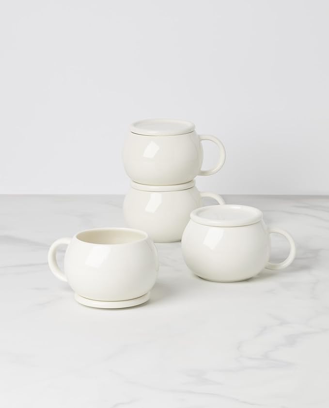 Oneida Coffee Mug Set, Quirk Mugs with Coasters, Set of 4, Service For 4, Porcelain Material, Microwave And Dishwasher Safe, Ceramic Mugs, Coasters And Coffee Cups (White, 8 Pieces, 18 Ounce Capacity)