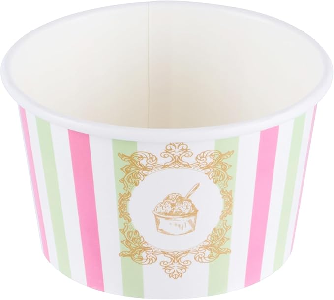 Coppetta 8 Ounce Dessert Cups, 50 Greaseproof Ice Cream Cups - Lids Sold Separately, For Hot And Cold Foods, Green And Pink Stripe Paper Yogurt Bowls, Disposable, Sturdy - Restaurantware
