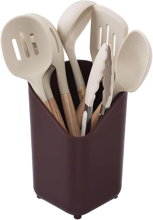 Glad Silicone Kitchen Utensils Set, 8pcs - Nonstick Cooking Tools with Wooden Handles and Utensil Holder - Spatula Set with Turner, Ladle, Spoons, Tongs, and Spaghetti Server - Beige