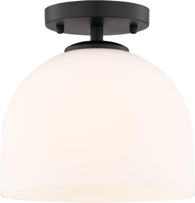 VAXCEL Shelby 1-Light 9.25 in. Wide Matte Black Transitional Dome Semi Flush Mount Lighting Fixture, Frosted White Opal Glass Shade, LED Compatible, for Low Ceilings, Bedroom, Hallway, Kitchen
