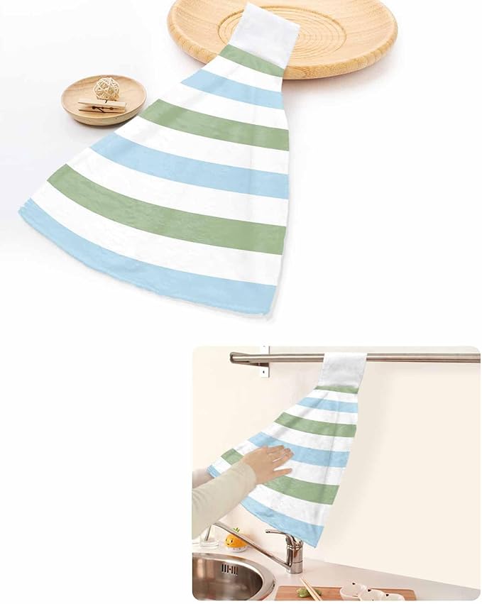 Alandar Home Kitchen Tie Towel Set of 2, Geometric Sage Green and Blue Stripes Absorbent Soft Hand Towels for Bathroom Hanging Towels, Minimalist Lines on White Fast Drying Cleaning Cloth with Loop