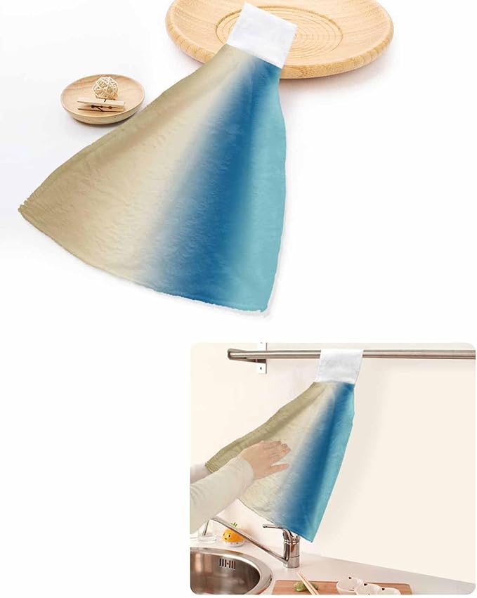 Alandar Home Kitchen Tie Towel Set of 2, Gradient Blue Beige Farmhouse Absorbent Soft Hand Towels for Bathroom Hanging Towels, Modern Watercolor Art Fast Drying Cleaning Cloth with Loop