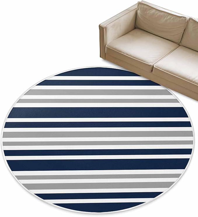 Round Area Rug,Navy Blue Gray Stripe Circle Living Room Rug Non-Slip Rugs Indoor Carpet,Modern Minimalist Style Soft Comfort Rugs for Bedroom KidsRoom Nursery