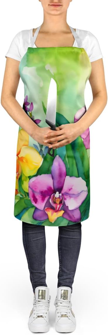 Caroline's Treasures Orchids in Watercolor Apron Cooking Kitchen Server Baking Crafts Gardening for Adult Women Men, Unisex, Large, Multicolor