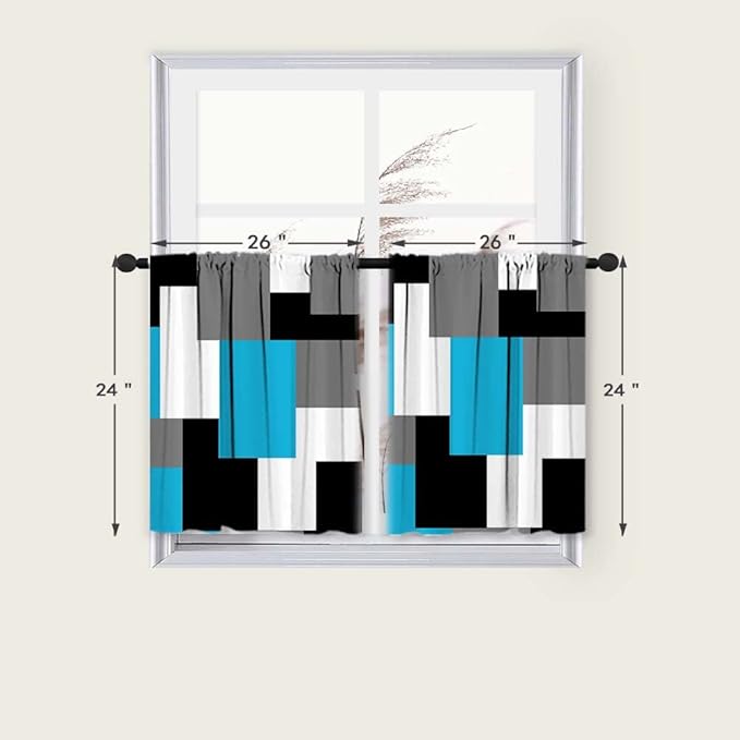 MCALK Light Blue Blackout Kitchen Curtains Tiers Set 2 Piece for Windows Grey and Black Kitchen Window Curtains Set,White Modern Abstract Art Valances for Living Room(24" Tiers Set)