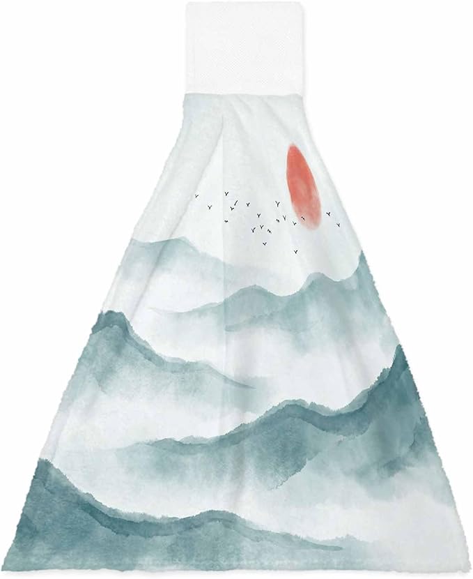 Alandar Home Kitchen Tie Towel Set of 1, Watercolor Mountains Landscape Absorbent Soft Hand Towels for Bathroom Hanging Towels, Asian Zen Painting Fast Drying Cleaning Cloth with Loop