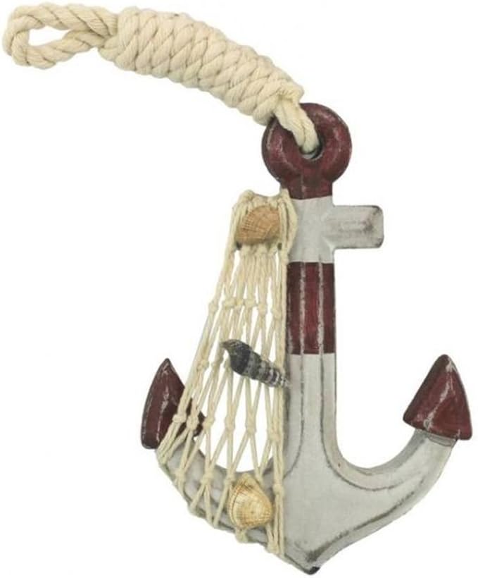 Hampton Nautical Anchor-302 Wooden Rustic Decorative Red & White Anchor 6" - Anchor Decoration - Nautical Anchor Decor