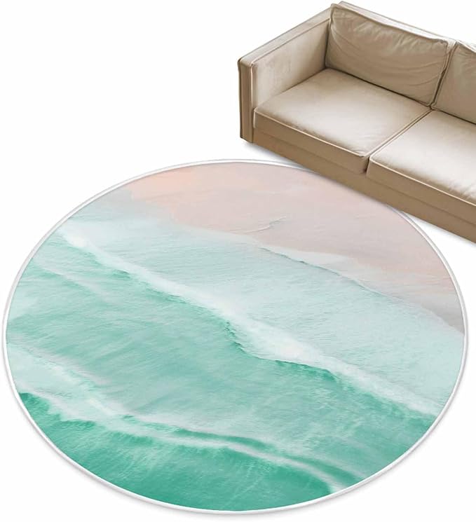 Round Area Rug,Summer Beach Green Water Ripples Circle Living Room Rug Non-Slip Rugs Indoor Carpet,Coastal Seaside Waves Soft Comfort Rugs for Bedroom KidsRoom Nursery