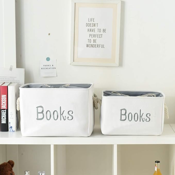 INough Book Basket for Kids Room, Book Storage Basket Book Organizer for Nursery Room Classroom Library Book Storage Box Collapsible Book Bins with Drawstring Closure for Cartoon Book Reading