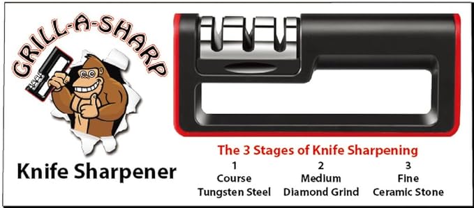 Grill-A-Sharp | Kitchen Knife Sharpener 3-Stage Tungsten Steel, Diamond Grind, Ceramic Stones, Manual Kitchen Knife Sharpener (GLOVE NOT INCLUDED)