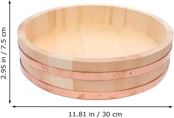 30cm/11.8Inch Wooden Sushi Rice Bowl - Home Kitchen Hangiri Sushi Oke Rice Mixing Tub with Copper Banding for Sushi Restaurant