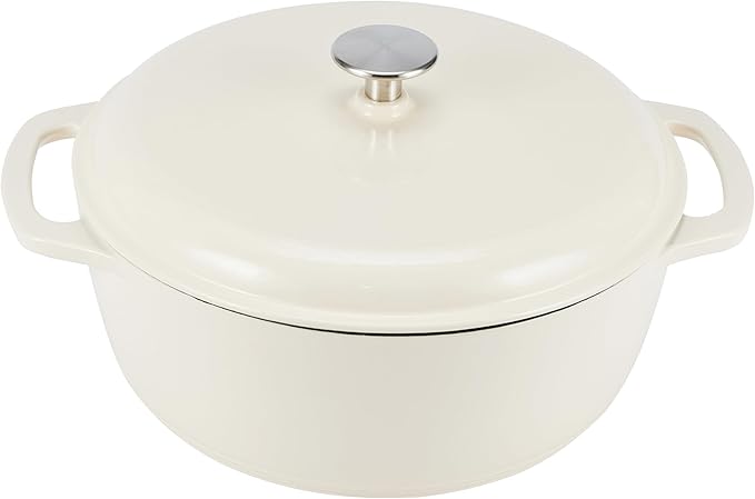 Amazon Basics Enameled Cast Iron Dutch Oven Pot with Lid, Dual Handles, Heavy-Duty, Oven Safe for Stews, Roasting, Baking, 7.3-Quart, White