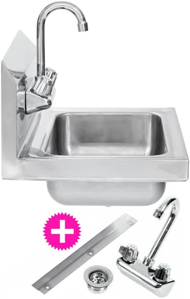 304 Stainless Steel Sink for Washing - Commercial Wall Mount Hand Basin for Restaurant, Kitchen and Home - Double Switch Faucet,Silver-43x39x14cm