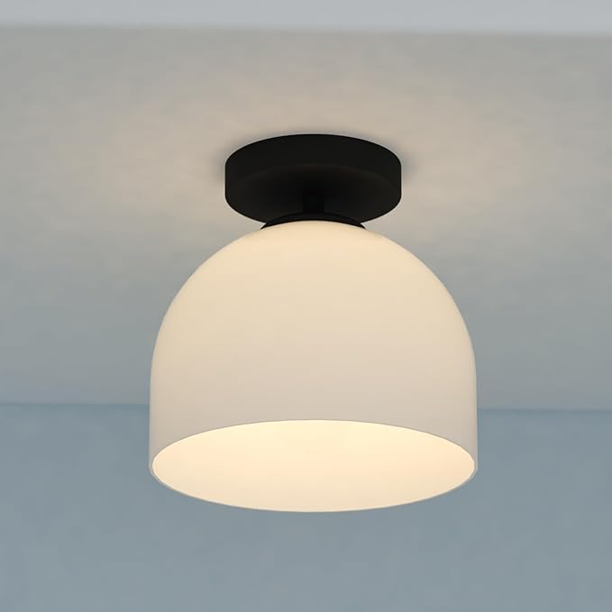 VAXCEL Shelby 1-Light 9.25 in. Wide Matte Black Transitional Dome Semi Flush Mount Lighting Fixture, Frosted White Opal Glass Shade, LED Compatible, for Low Ceilings, Bedroom, Hallway, Kitchen