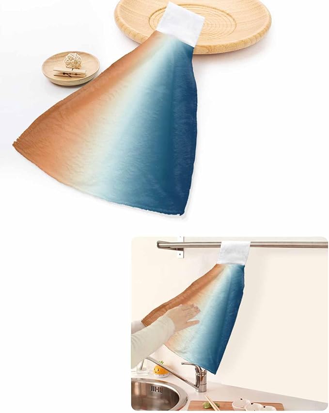 Alandar Home Kitchen Tie Towel Set of 2, Gradient Orange Blue Watercolor Absorbent Soft Hand Towels for Bathroom Hanging Towels, Modern Abstract Style Fast Drying Cleaning Cloth with Loop