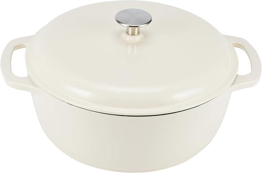 Amazon Basics Enameled Cast Iron Dutch Oven Pot with Lid, Oven Safe, Heavy-Duty, Dual Handles for Baking, Roasting, Stews, Round, 6-Quart, White