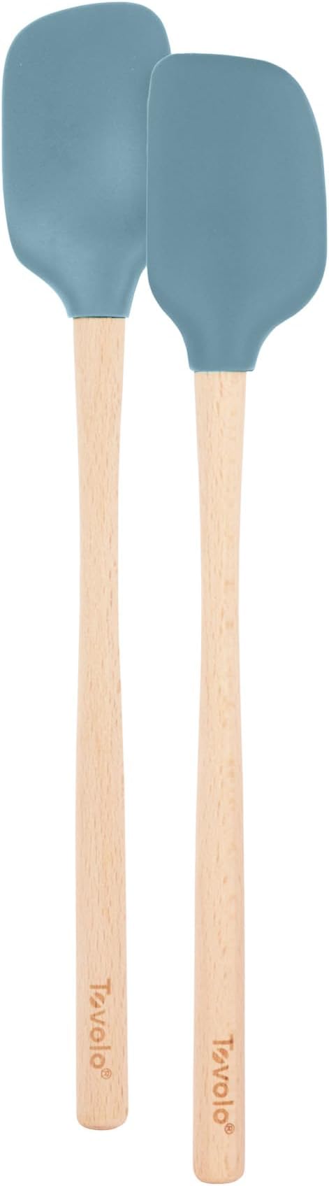Tovolo Mini Spoon Spatula Wooden Handle Set for Cooking and Baking, Heat Resistant Safe for Cast Iron BPA Free Silicone Mixing Tool Natural Wood Perfect for Scraper Mixing Spooning, Blue Slate