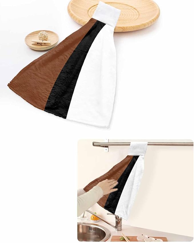 Kitchen Tie Towel Set of 2, Rustic Modern Minimalist Color Block Absorbent Soft Hand Towels for Bathroom Hanging Towels, Leather Texture Brown Black White Fast Drying Cleaning Cloth with Loop