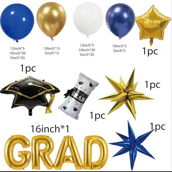 146PCS Graduation Decorations Class of 2026-Blue and Gold Balloon Arch Kit, 3D Explosive Star Foil Balloons, GRAD Letter Balloons, Graduation Cap & Diploma Foil for Congrats Grad Party Supplies