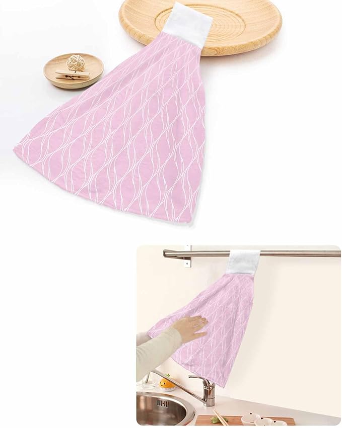 Alandar Home Kitchen Tie Towel Set of 2, Abstract Long Waves on Pink Absorbent Soft Hand Towels for Bathroom Hanging Towels, Modern Geometric Art Fast Drying Cleaning Cloth with Loop