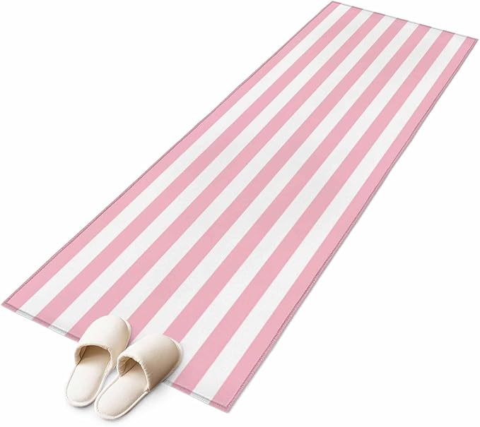 Runner Rug for Bedroom Hallway, Pink White Stripe Kitchen Runner Rugs Area Rug 2x6ft, Classic Geometric Line Washable Soft Floor Carpet for Entryway Stair