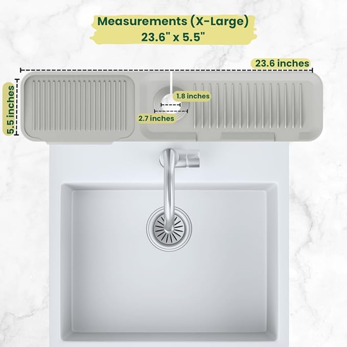 Kitchen Sink Splash Guard (23.6" x 5.5") - 5 Slope Silicone Draining Mat, Faucet Mat With Soap Dispenser & Sponge Holder, Water Drip Catcher Tray (Light Grey)