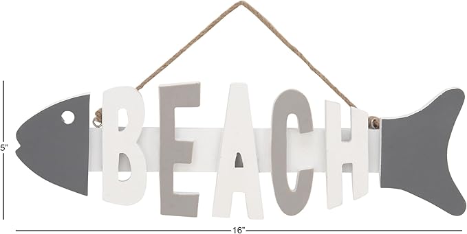 Deco 79 98869 Wooden Fish Wall Hook Rack with Beach Letter Cutouts Wall Hook Rack,Gray/White