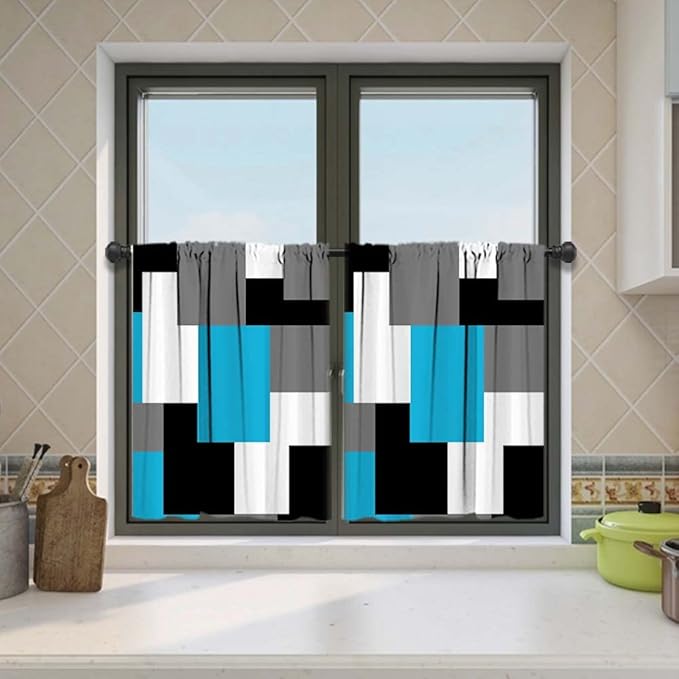MCALK Light Blue Blackout Kitchen Curtains Tiers Set 2 Piece for Windows Grey and Black Kitchen Window Curtains Set,White Modern Abstract Art Valances for Living Room(24" Tiers Set)