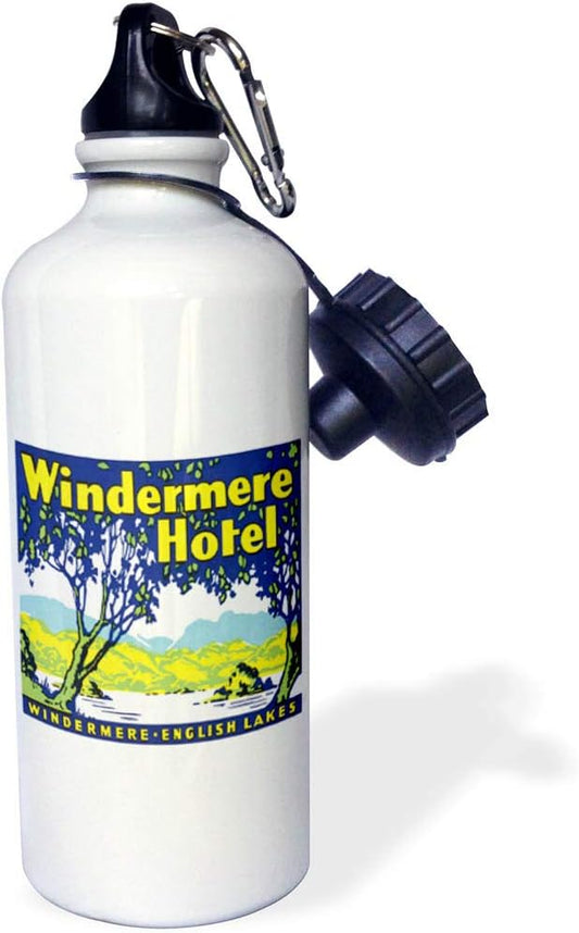 3dRose "Vintage Windermere Hotel English Lakes Luggage Label" Sports Water Bottle, 21 oz, White