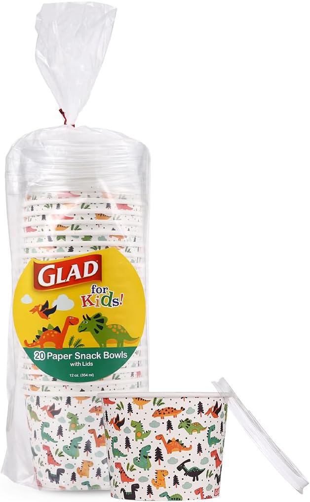 Glad for Kids Dinosaurs Paper Snack Bowls, Colorful Heavy Duty Microwave Safe Disposable Bowls for Soup, Ice Cream, and Snacks, Lids Included, Multicolor, Party Pack, 12 Oz, 20 Count