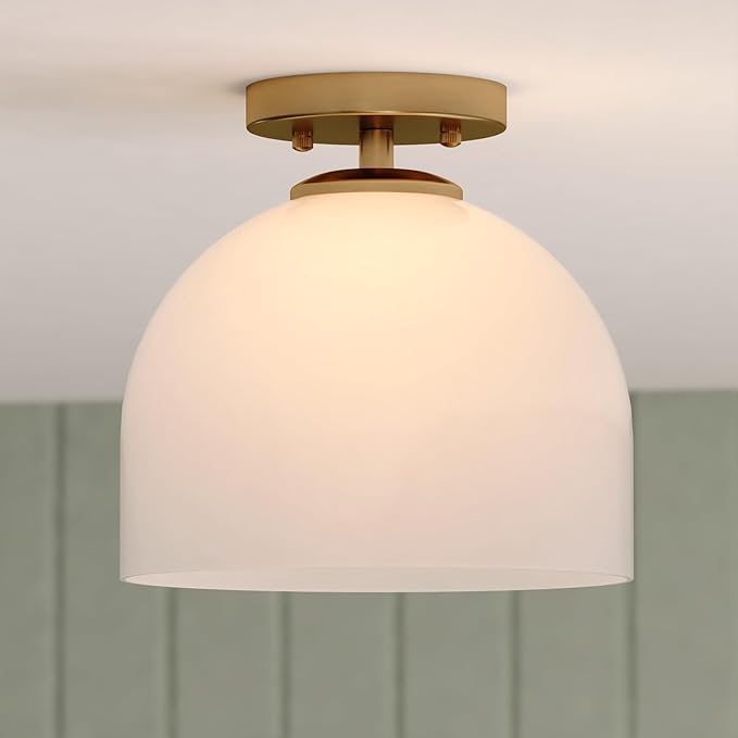 VAXCEL Shelby 9.25-in W Gold Brass Transitional Semi Flush Mount Ceiling Light White Glass