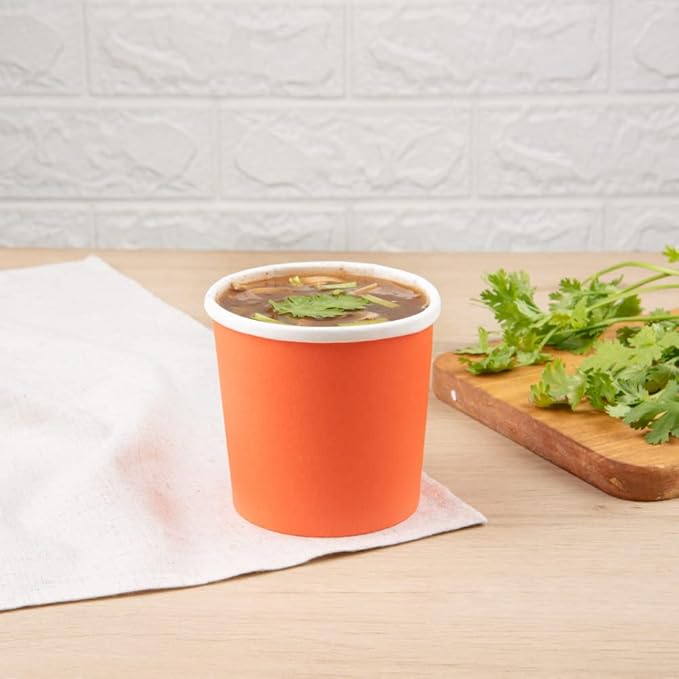 Restaurantware Bio Tek 12 Ounce Disposable Soup Cups 200 Microwavable Paper Soup Cups - Vented Lids Sold Separately Hot And Cold Foods Orange Paper To Go Soup Containers For Desserts Or Treats