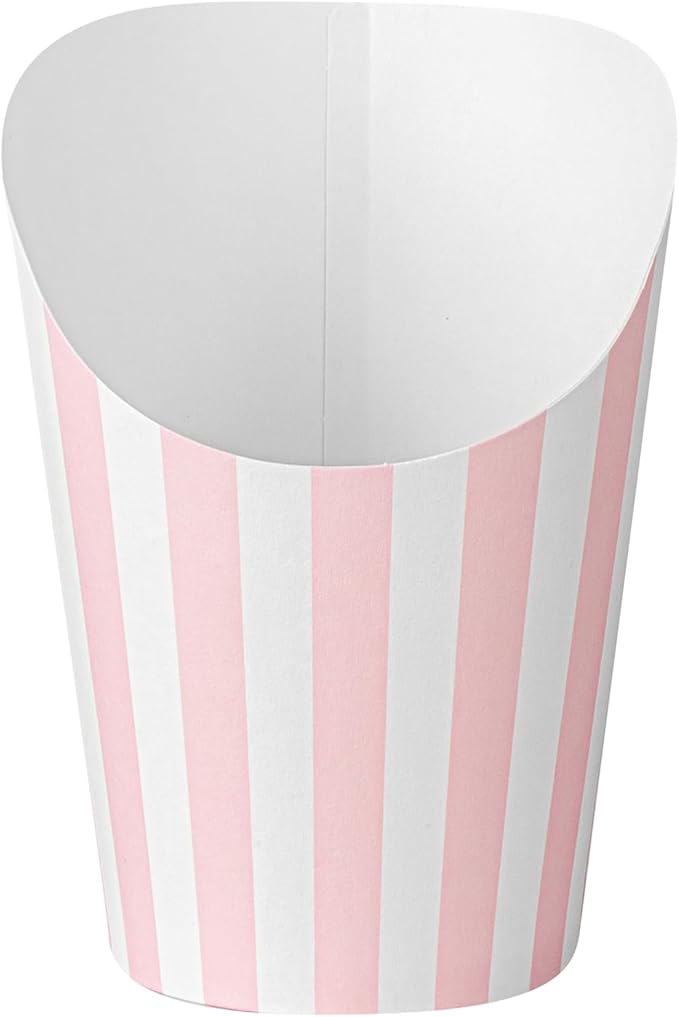 Restaurantware Bio Tek 12 Ounce French Fry Containers 100 Disposable Charcuterie Cups - Incline Design Round Striped Paper French Fry Cups Stackable For Waffles Chips or Popcorn