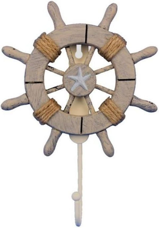 Rustic Decorative Ship Wheel with Starfish with Hook 6 Inch - Wooden Ship Wheel - Ships Steering Wheel