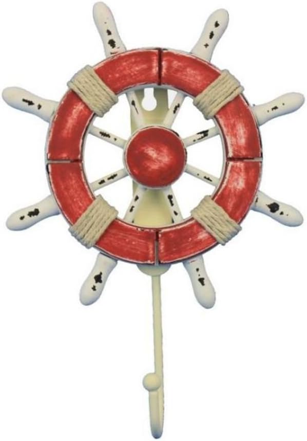 Hampton Nautical Wheel-6-110 Rustic Decorative Ship Wheel with Hook, 6", Red/White