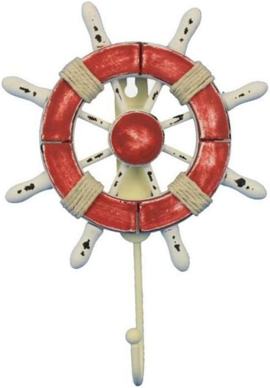 Hampton Nautical Wheel-6-110 Rustic Decorative Ship Wheel with Hook, 6", Red/White