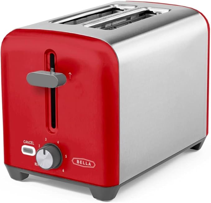 BELLA 2 Slice Toaster, Quick & Even Results Every Time, Wide Slots Fit Any Size Bread Like Bagels or Texas Toast, Drop-Down Crumb Tray for Easy Clean Up, Stainless Steel and Red