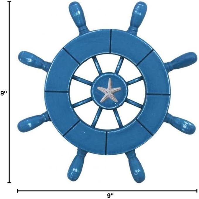 Hampton Nautical Wheel-9-100-starfish Rustic Decorative Ship Wheel with Starfish, 9", Light Blue