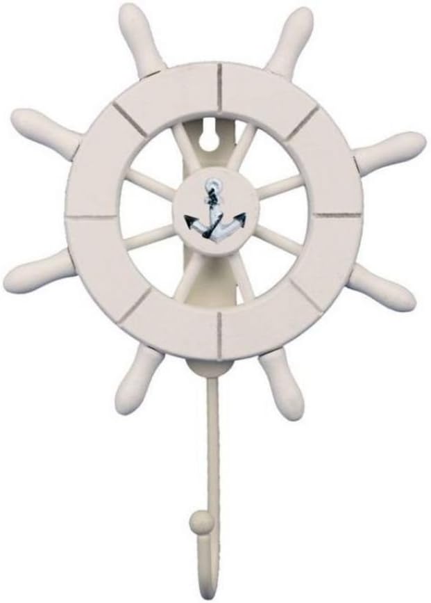 Handcrafted Nautical Decor White Decorative Ship Wheel with Anchor with Hook 6" - Wooden Ships Wheel - Boa