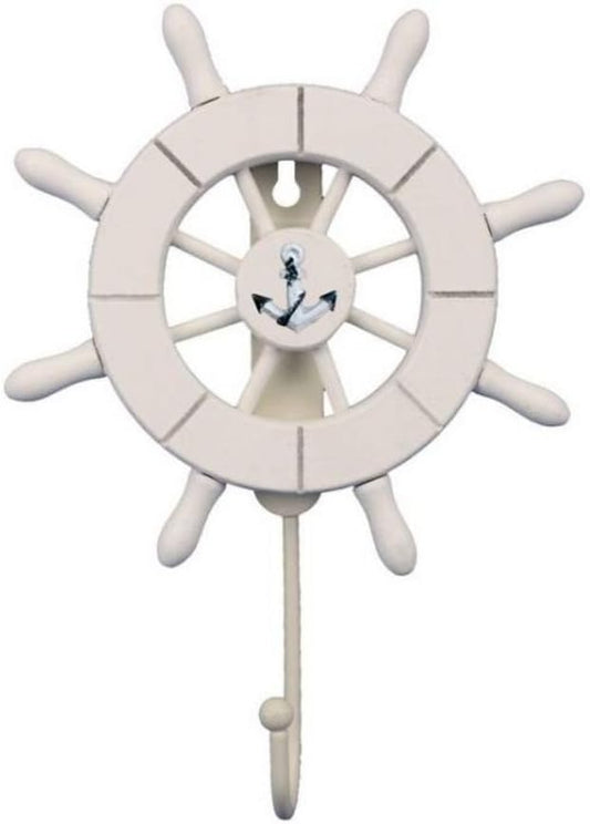 Handcrafted Nautical Decor White Decorative Ship Wheel with Anchor with Hook 6" - Wooden Ships Wheel - Boa