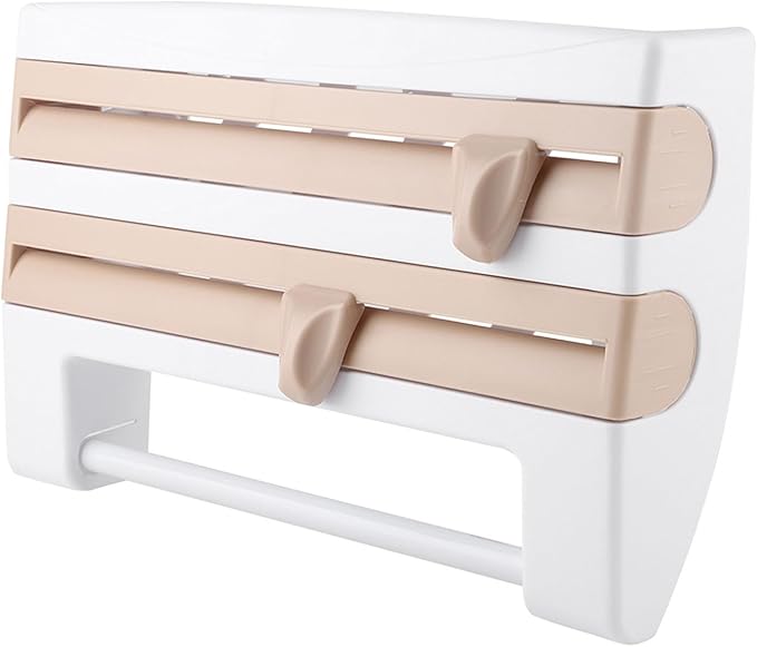 Kitchen Tool Cling Film Cut Wall Mount Storage Rack, Elegant and Convenient Paper Towel Holder for Modern Kitchen, Suitable for Foil Film Storage (Khaki)