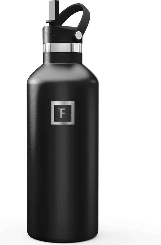 IRON °FLASK Camping & Hiking Hydration Flask with Straw, Narrow Mouth Insulated Stainless Steel Sports Water Bottle - Midnight Black 32 oz - Straw (1 Lid)