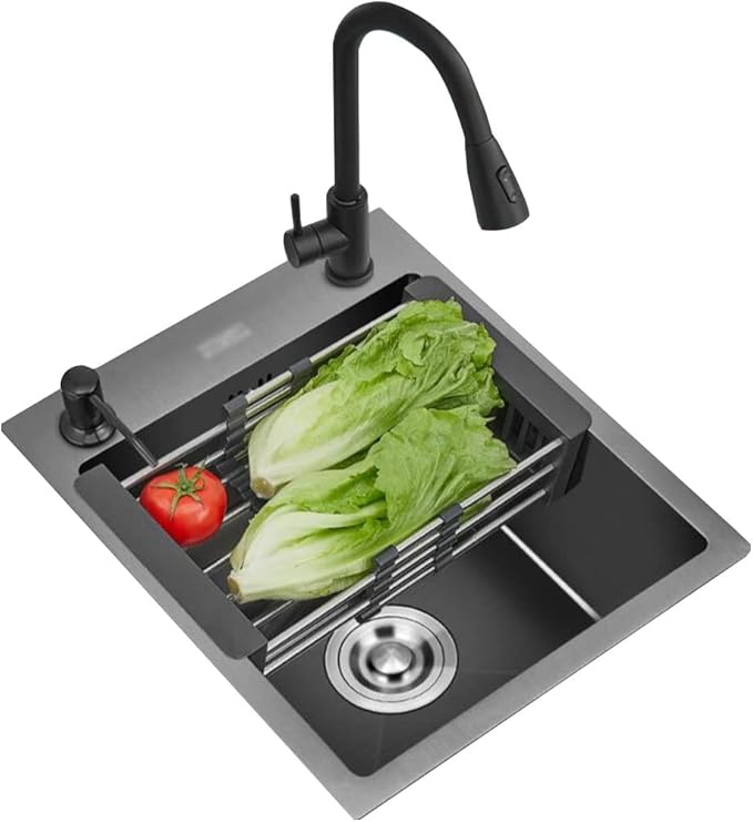 Single Bowl Bar Counter Sink 304 Stainless Steel Single Bowl Sink Mini Space Saving Kitchen Sink Washbasin Home Apartment Built-in Sink (Black 40 * 40 * 21cm)