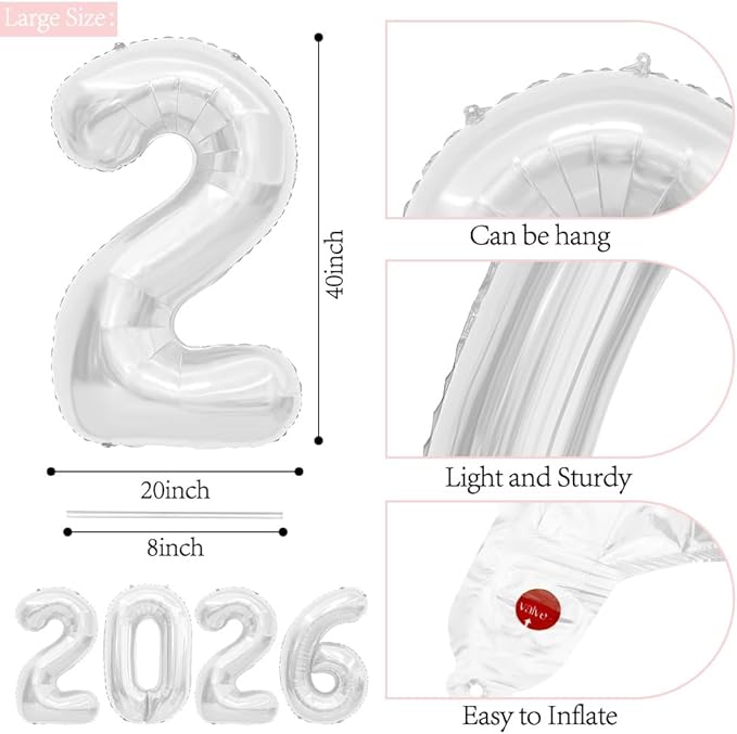 2026 Balloons, 40 Inch 2026 Number Balloons White 2026 Balloon Large Foil New Year Balloon Numbers 2026 Mylar Baloons for Birthday Christmas Graduation New Years Eve Party Supplies Decorations