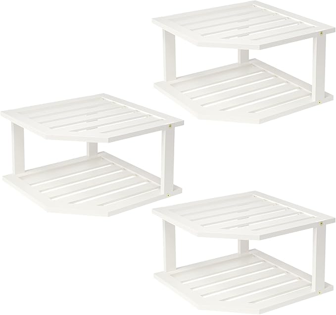 VERTORGAN Bamboo Corner Shelf(3 Pack),2 Tier Plate Organizer for Cabinet and Countertop,Pantry Dish and Spice Rack for Kitchen(White)