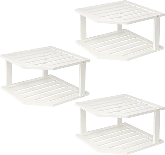 VERTORGAN Bamboo Corner Shelf(3 Pack),2 Tier Plate Organizer for Cabinet and Countertop,Pantry Dish and Spice Rack for Kitchen(White)