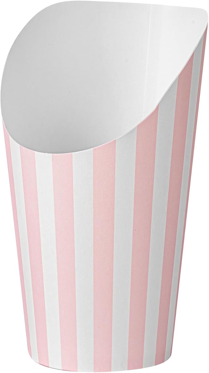Bio Tek 16 Ounce French Fry Containers, 100 Disposable Charcuterie Cups - Incline Design, Round, Striped Paper French Fry Cups, Stackable, For Waffles, Chips, or Popcorn - Restaurantware