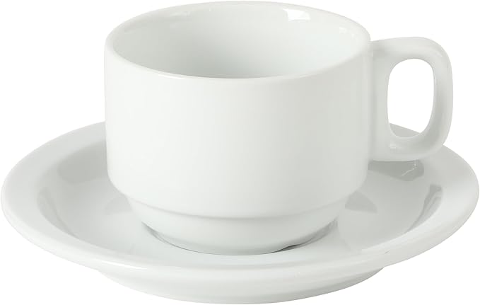Gibson Home Gracious Dining 7-Ounce Cappuccino Cups Set of 4, Stackable Coffee Cups with 4 Saucers, Metal Stand, Coffee Mugs for Latte, Café, Mocha, Tea