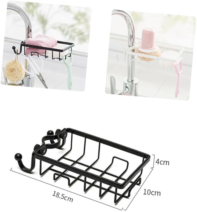 Faucet Clamp Sponge Holder Kitchen Sink Organizer with Wire Rack and Hooks Plastic Iron Dishcloth Storage for Dry Soap and Sponge Easy Install No Drilling White