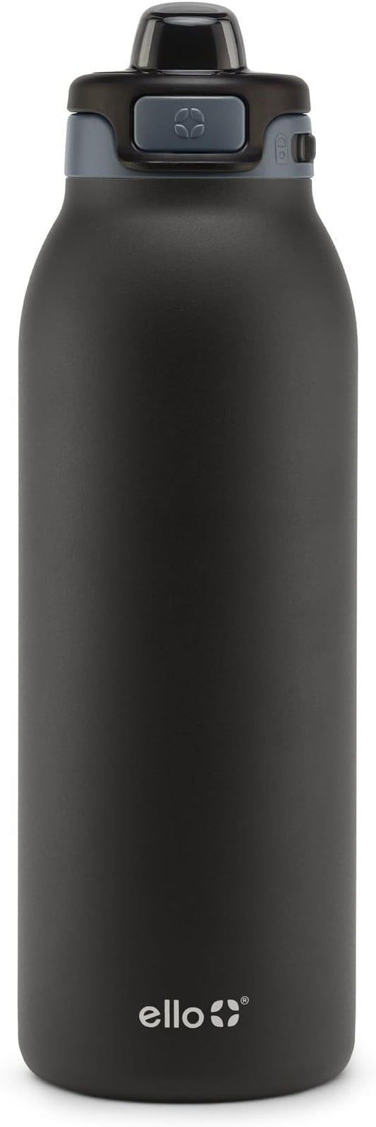 Ello Pop & Fill 40oz Stainless Steel Water Bottle with Quick Fill Technology, Double Walled and Vacuum Insulated Metal, Leak Proof Locking Lid, Sip and Chug, Reusable, BPA Free, Tonal Black